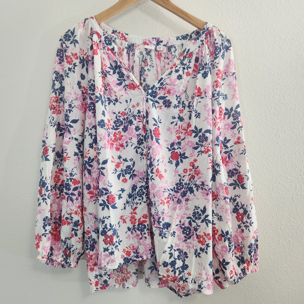 Gap Blouse Womens XXL Pink Blue Floral Boho Flowy Pleated Top Shirt Flowy Preppy